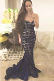 Mermaid Navy Blue Lace Sweetheart Sweep Train Sleeveless Prom Dress TP0110 - Tirdress