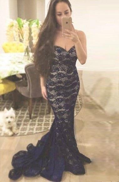 Mermaid Navy Blue Lace Sweetheart Sweep Train Sleeveless Prom Dress TP0110 - Tirdress