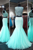 Mermaid Neck Lace Tulle Floor-length Beading Two Piece Prom Dresses PG385 - Tirdress