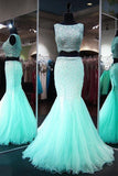 Mermaid Neck Lace Tulle Floor-length Beading Two Piece Prom Dresses PG385 - Tirdress