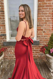 Mermaid V Neck Red Satin Long Prom Formal Dresses with Bow TP1083 - Tirdress