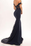 Mermaid Off the Shoulder Navy Blue Prom Dress Evening Dresses With Sash PG230 - Tirdress
