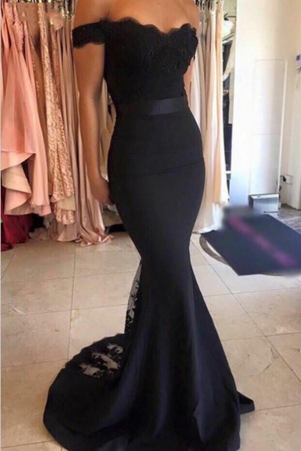 Mermaid Off the Shoulder Navy Blue Prom Dress Evening Dresses With Sash PG230 - Tirdress