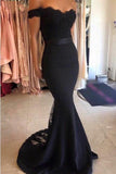 Mermaid Off the Shoulder Navy Blue Prom Dress Evening Dresses With Sash PG230 - Tirdress