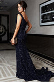 Mermaid Off-shoulder Lace Navy Blue Prom Dress With Sequins PG 235 - Tirdress