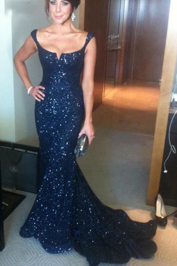 Mermaid Off-shoulder Lace Navy Blue Prom Dress With Sequins PG 235 - Tirdress