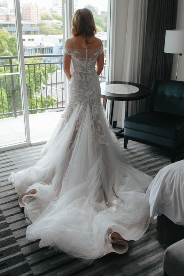 Mermaid Off-the-Shoulder Court Train Tulle Wedding Dress with Appliques WD097 - Tirdress