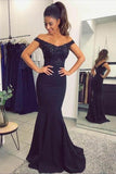 Mermaid Off-the-Shoulder Navy Blue  Prom Dress with Sequins PG469