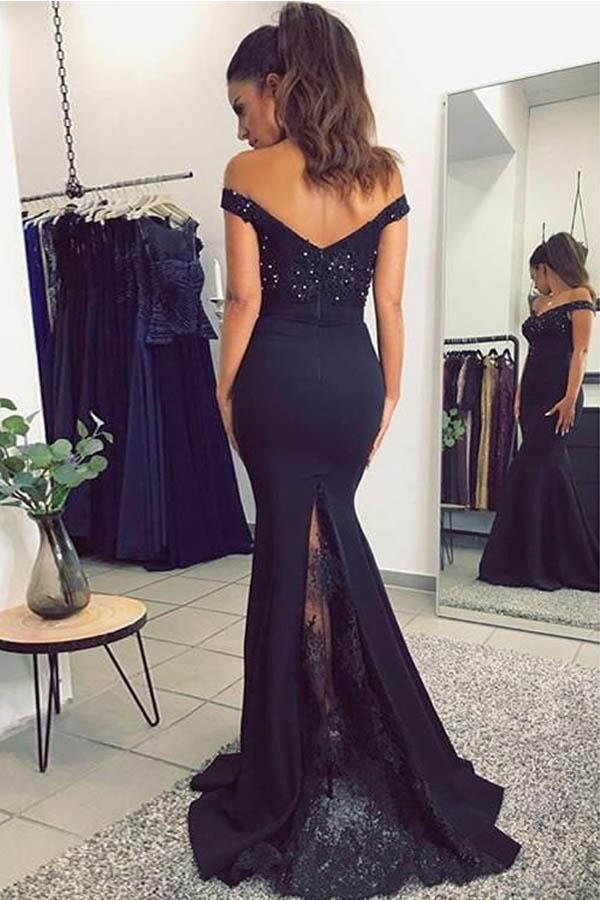 Mermaid Off-the-Shoulder Navy Blue Prom Dress with Sequins PG469 - Tirdress