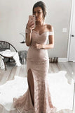 Mermaid Off-the-Shoulder Split-Side Sweep Train Pink Lace Prom Dress PG434