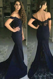 Mermaid Off-the-Shoulder Sweep Train Navy Blue Satin Prom Dress PG405 - Tirdress