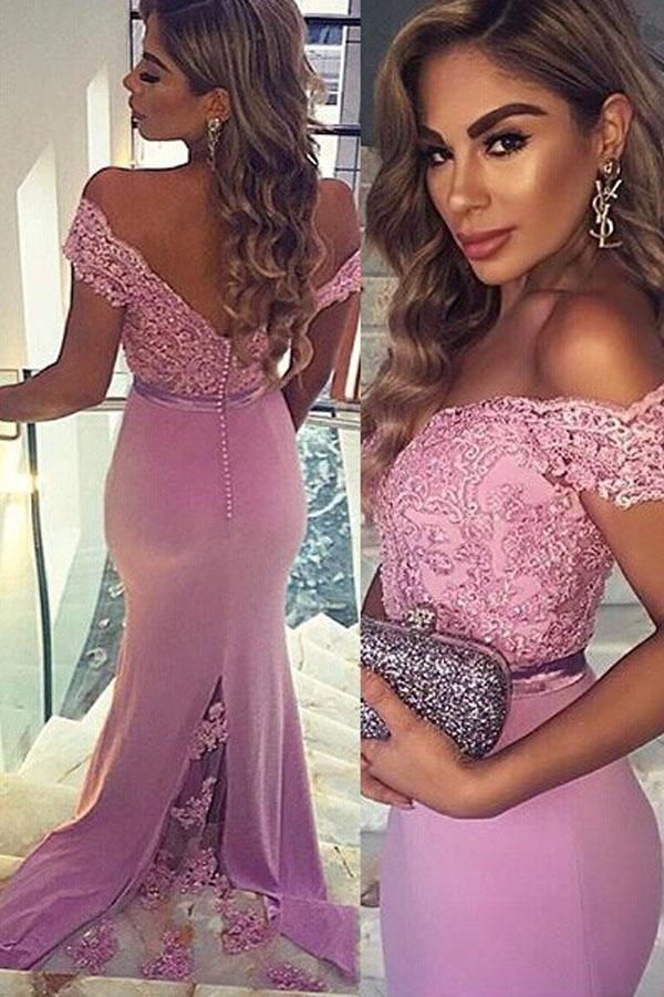 Mermaid Off-the-Shoulder Train Satin Prom Dress with Appliques Lace PG407 - Tirdress