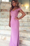 Mermaid Off-the-Shoulder Train Satin Prom Dress with Appliques Lace PG407