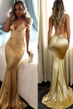 Meerjungfrau-Abschlussballkleider, Spaghettiträger, langes, sexy Gold-Abschlussballkleid TP1058