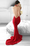 Mermaid Red Lace Halter Backless Sweep Train Prom Dress TP0106 - Tirdress