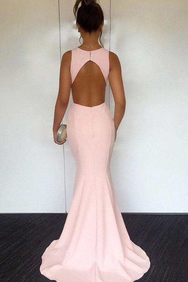 Mermaid Round Neck Sweep Train Pearl Pink Open Back Prom Dress PG456 - Tirdress