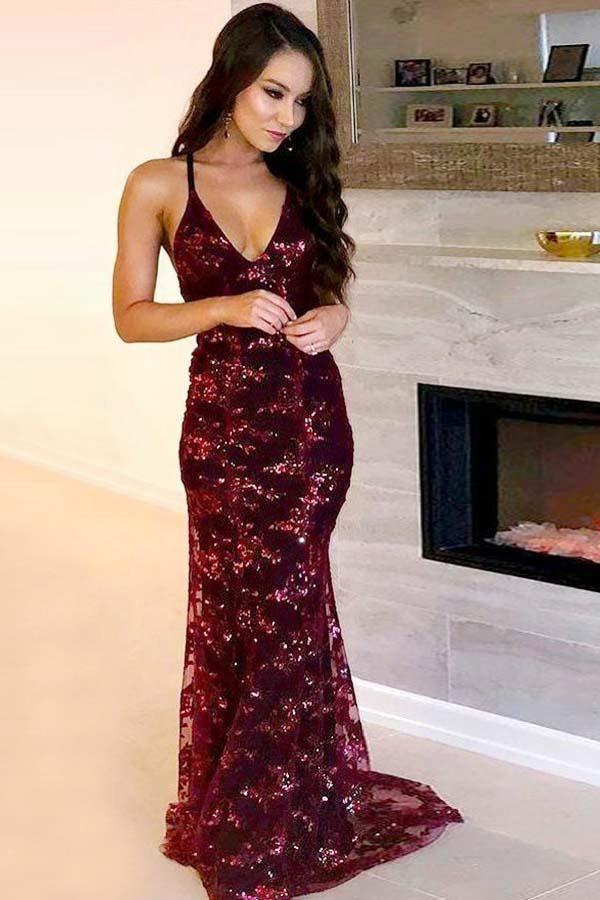 Mermaid Scoop Cross Back Dark Red Prom Dress with Sequined PG609 - Tirdress