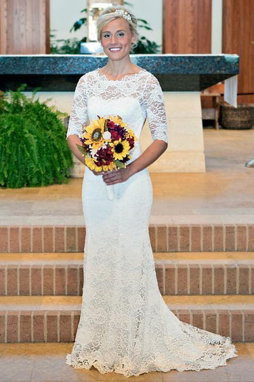Mermaid Scoop Open Back Long Sleeves Wedding Dresses with Appliques US2 / White Mermaid Scoop Open Back Long Sleeves Wedding Dresses with Appliques US2 / White
