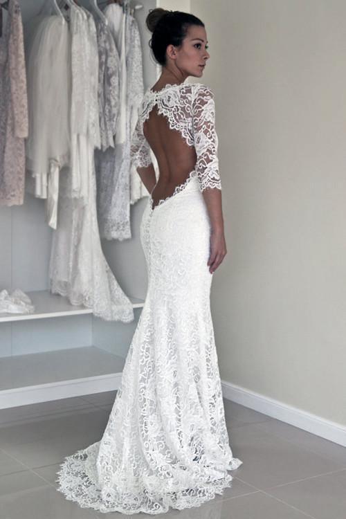 Mermaid Scoop Open Back Long Sleeves Wedding Dresses With Appliques WD004 - Tirdress