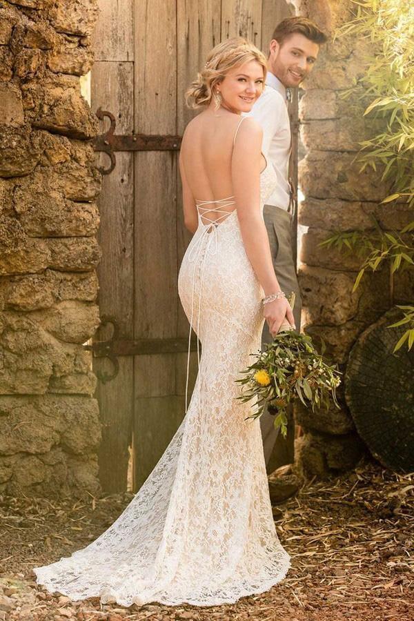 Mermaid Spaghetti Straps Backless Ivory Lace Wedding Dress TN163 US0 / White Mermaid Spaghetti Straps Backless Ivory Lace Wedding Dress TN163 US0 / White