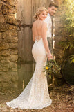 Mermaid Spaghetti Straps Backless Ivory Lace Wedding Dress TN163