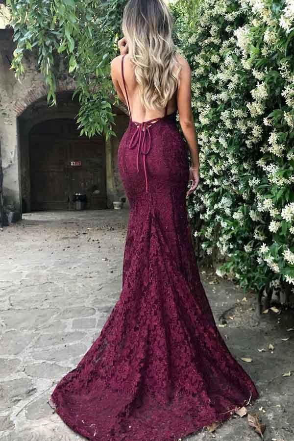 Mermaid Spaghetti Straps Burgundy Lace Backless Prom Dress PG470 - Tirdress