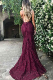 Mermaid Spaghetti Straps Burgundy Lace Backless Prom Dress PG470 - Tirdress