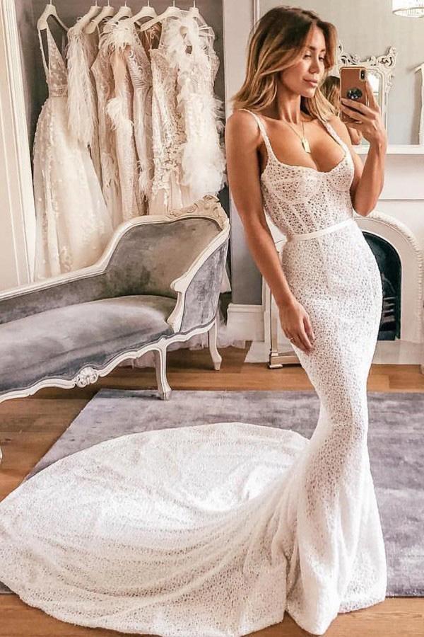 Mermaid Spaghetti Straps Lace Wedding Dress Bridal Gown TN151 – Tirdress
