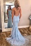 Mermaid Spaghetti Straps Long Blue Prom Dress Appliques Party Dress TP0924