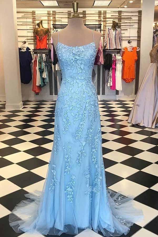 Mermaid Spaghetti Straps Long Blue Prom Dress Appliques Party Dress TP0924 - Tirdress