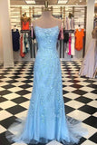 Mermaid Spaghetti Straps Long Blue Prom Dress Appliques Party Dress TP0924 - Tirdress