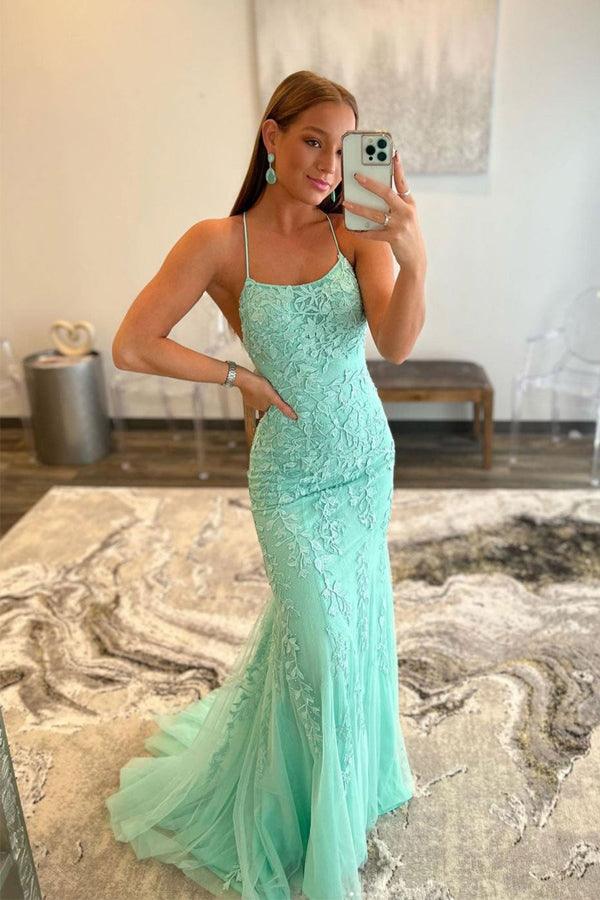 Mermaid Spaghetti Straps Long Blue Prom Dress Appliques Party Dress TP0924 - Tirdress