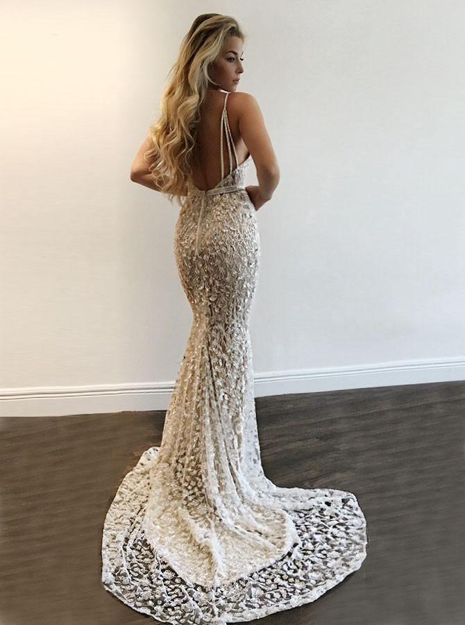 Mermaid Spaghetti Straps Prom Dress,Beading Lace V-neck Prom Dress Sexy Wedding Dress TP0889 - Tirdress