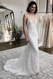 Mermaid Spaghetti Straps Sweep Train Appliqued Wedding Dress TN142