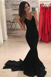 Mermaid Spaghetti Straps Sweep Train Black Satin Prom Dress PG415
