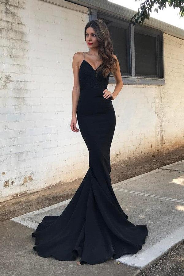 Mermaid Spaghetti Straps Sweep Train Black Stretch Satin Prom Dress TP0048 - Tirdress