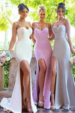 Mermaid Spaghetti Straps Sweep Train White Split Bridesmaid Dress BD047