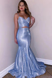 Meerjungfrau-Spaghettiträger mit V-Ausschnitt, blau, zweiteiliges Meerjungfrau-Abschlussballkleid TP0994