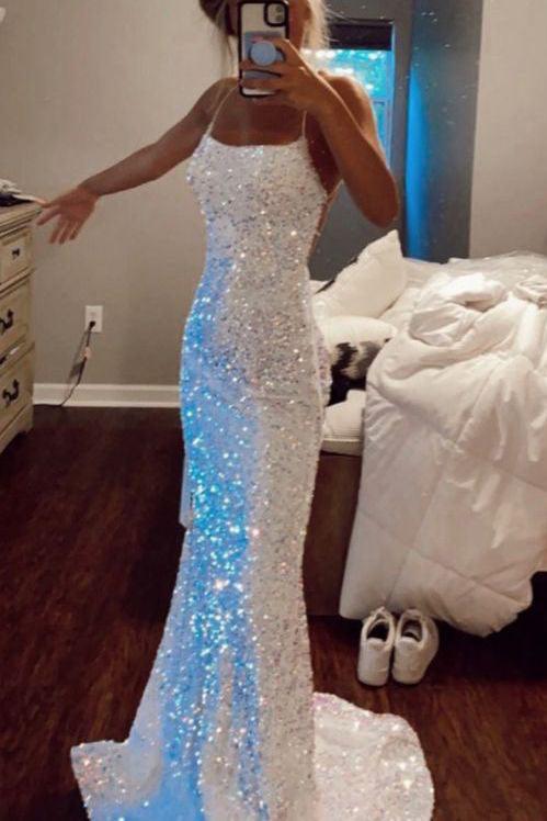 Mermaid Sparkly Prom Dress Sequin Long Backless Party Dresses TP1088 - Tirdress