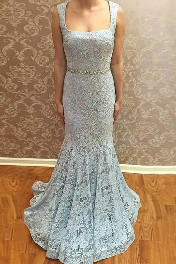 Mermaid Square Neck Sweep Train Blue Lace Prom Dress with Beading PG427 - Tirdress