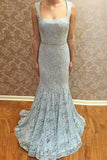 Mermaid Square Neck Sweep Train Blue Lace Prom Dress with Beading PG427 - Tirdress
