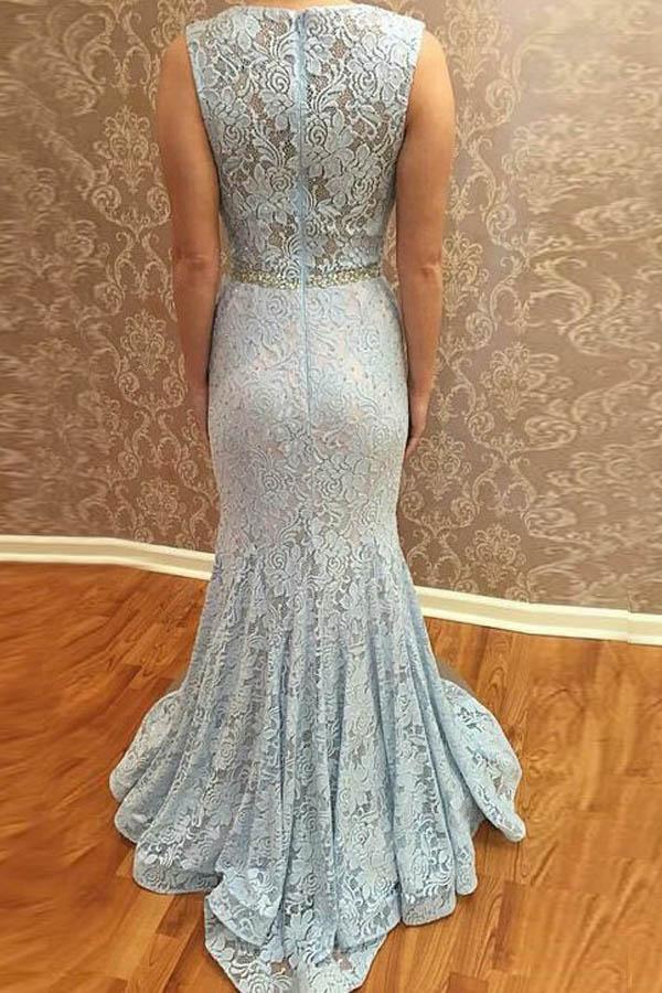 Mermaid Square Neck Sweep Train Blue Lace Prom Dress with Beading PG427 - Tirdress