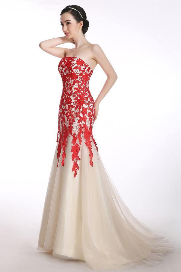 Mermaid Strapless Lace-up Long Pron Dress Gwons With Red Appliques TP0115 - Tirdress