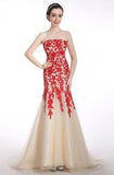 Mermaid Strapless Lace-up Long Pron Dress Gwons With Red Appliques TP0115