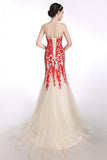 Mermaid Strapless Lace-up Long Pron Dress Gwons With Red Appliques TP0115 - Tirdress