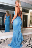 Mermaid Straps Long Blue Sparkly Prom Dress V-neck Evening Dress TP1050 - Tirdress