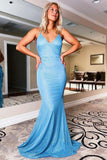Meerjungfrau-Träger, langes blaues glitzerndes Ballkleid, V-Ausschnitt, Abendkleid TP1050