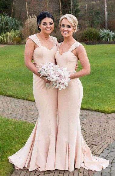 Straps Sweep Train Ruched Light Pink Stretch Satin Bridesmaid Dress US16 / As Picture