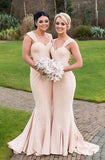 Mermaid Straps Sweep Train Ruched Light Pink Stretch Satin Bridesmaid Dress TP0077
