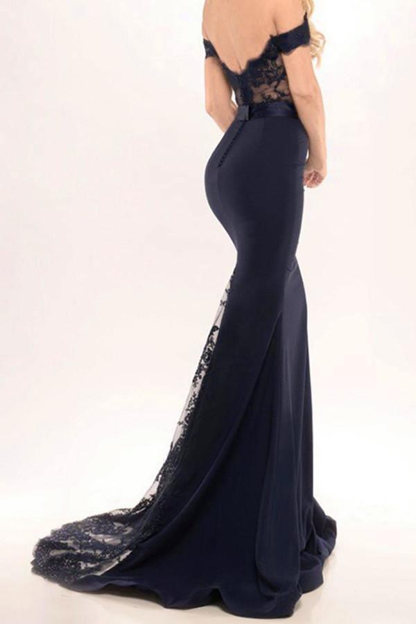 Mermaid Sweep Train Navy Blue Stretch Satin Prom Dress With Appliques Lace TY0012 - Tirdress
